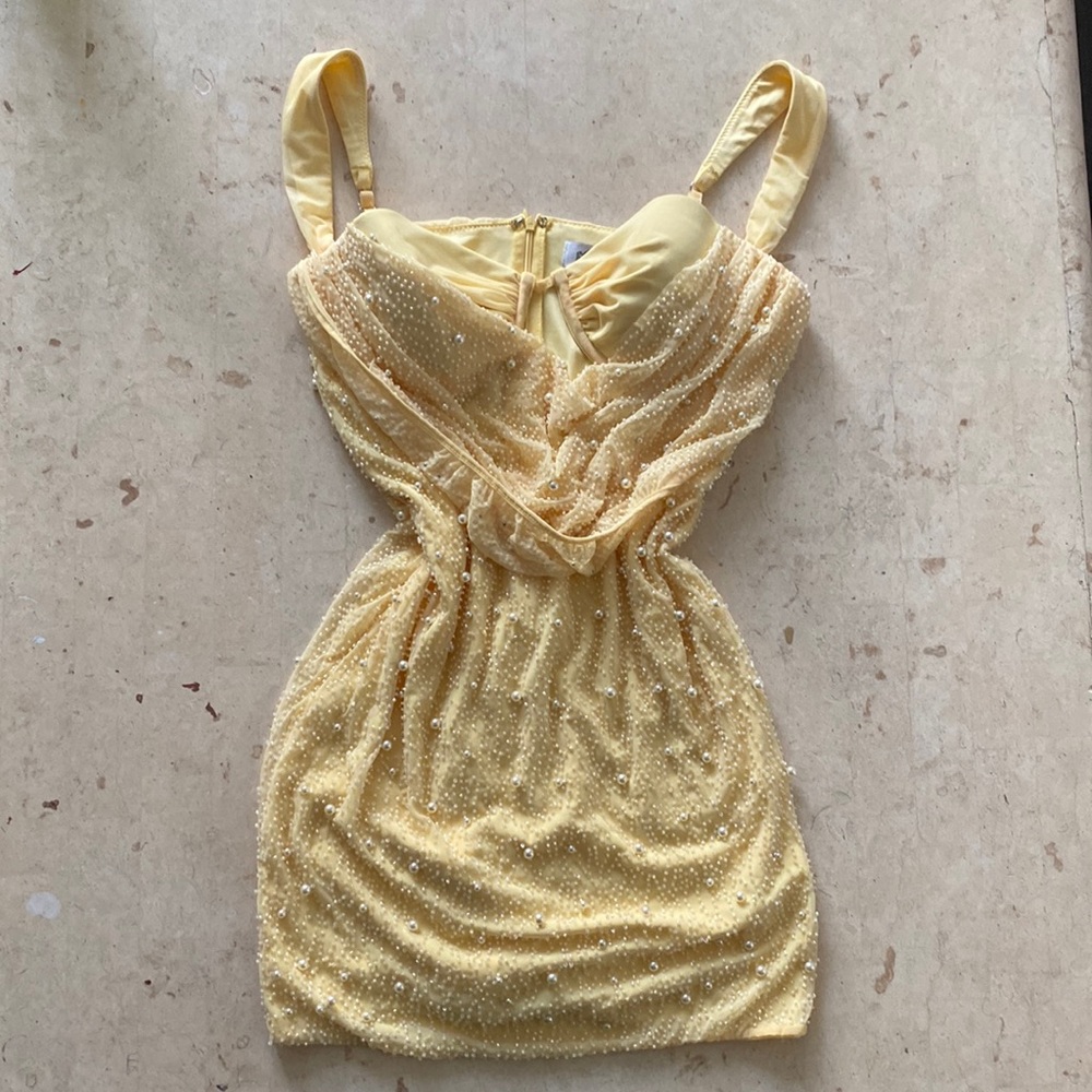 Low Cowl Neck Embellished Mini Dress in Yellow
